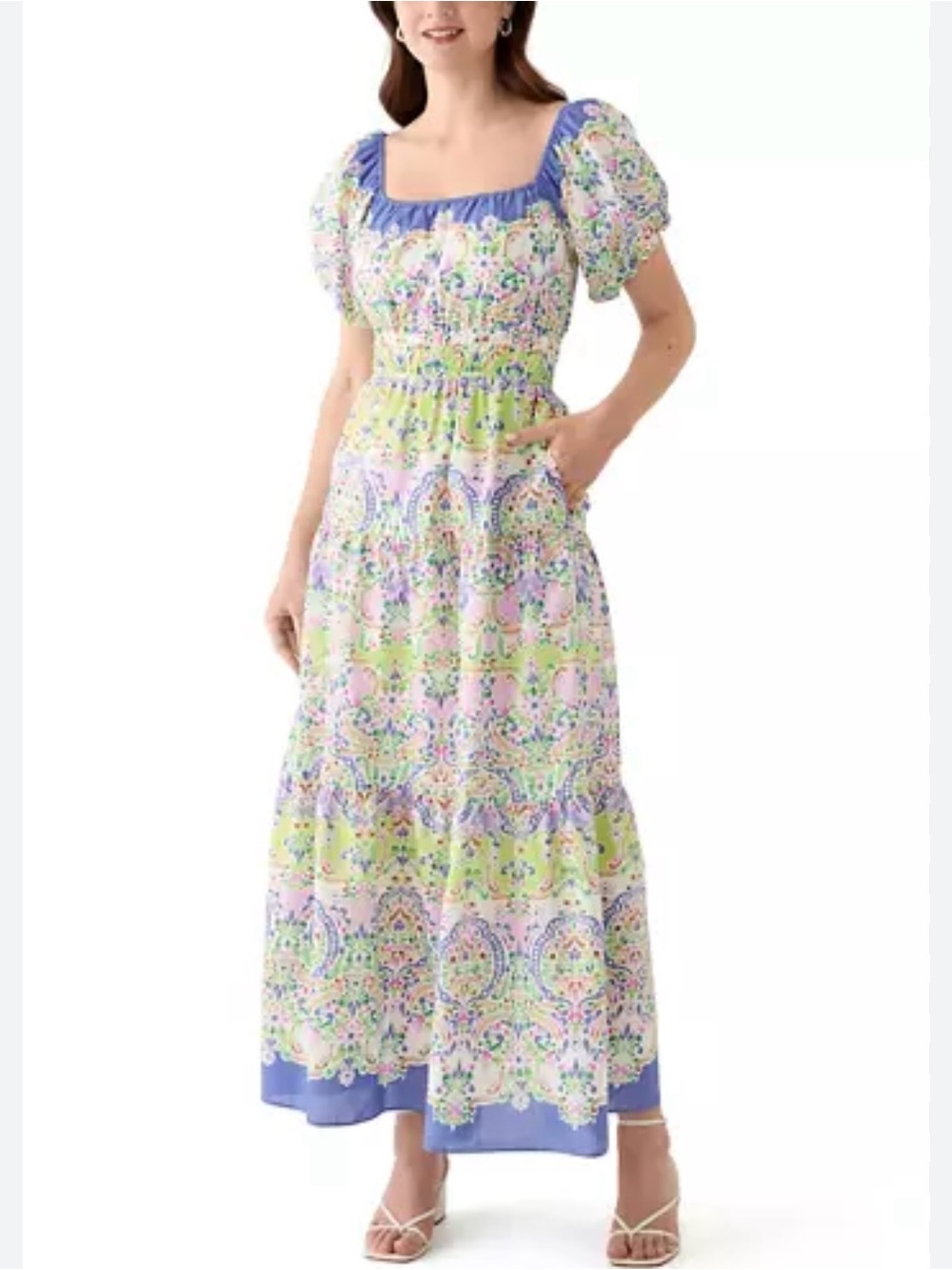 Square-Neck Tiered Maxi Dress in Pastel Green and Blue
